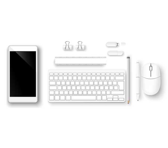 white iphone keyboard and office supplies with white background